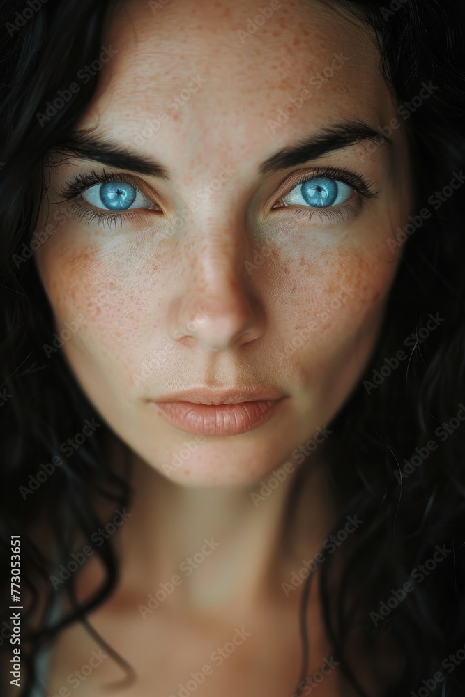 Portrait of a woman , with detailed features that include black hair and captivating blue eyes. Portrait of a woman , with detailed features that include black hair and captivating blue eyes.