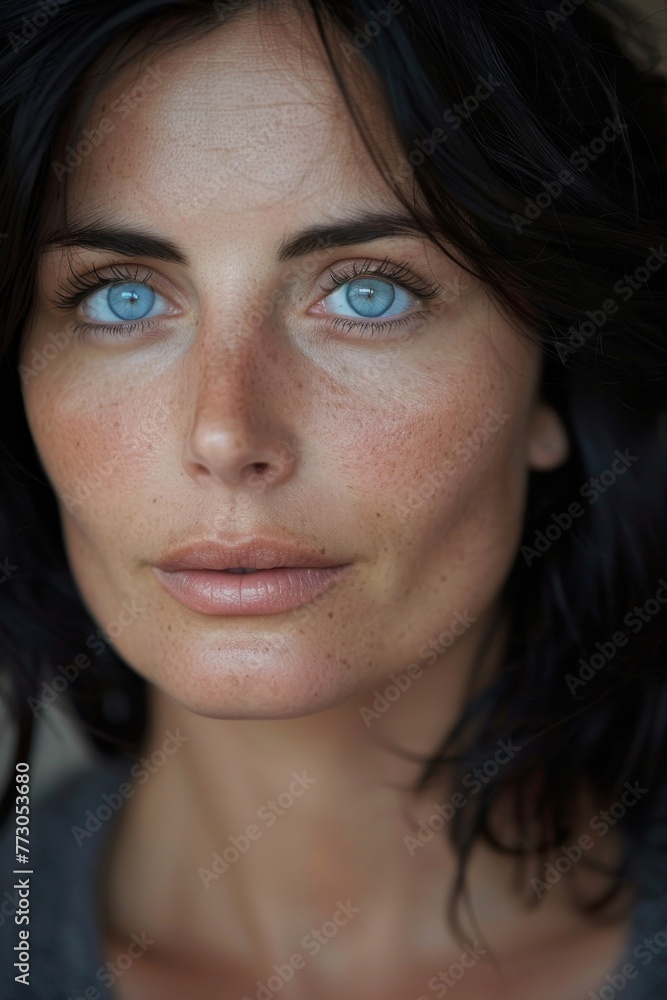 Portrait of a beautiful woman, with detailed features that include black hair and captivating blue eyes. Portrait of a beautiful woman, with detailed features that include black hair and captivating blue eyes.