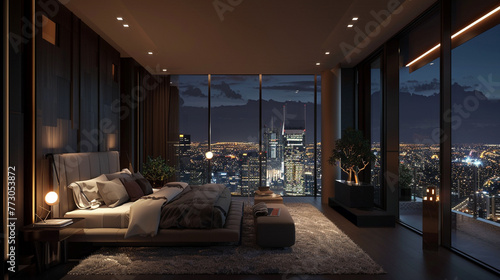 An indulgent bedroom sanctuary boasting floor-to-ceiling windows that offer an unrivaled view of the city lights at night. The decor is sleek, modern, and meticulously curated for luxury. 8K