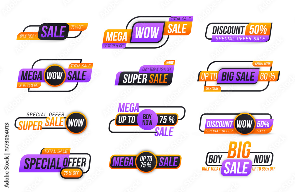 Sale tags collection on white background. Special offer, discount, best price, mega, big sale, banner set. Special offer banner for web design and discounts. Sticker, badge, coupon store. Vector