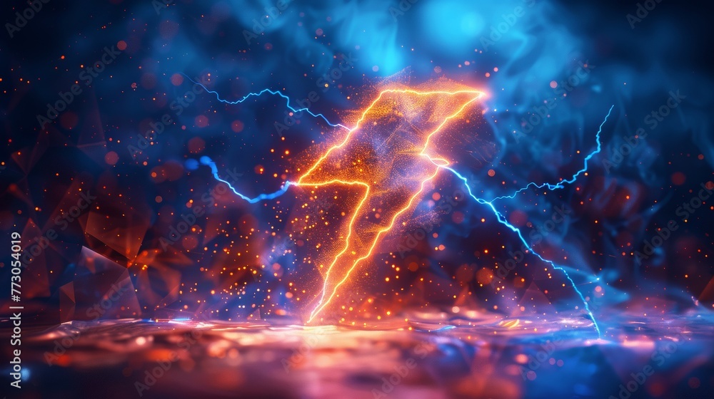The lightning icon has a low poly style design and an abstract geometric background. The lightning icon has a wireframe light connection structure. The lightning icon has a modern graphic concept.