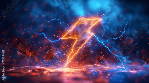 The lightning icon has a low poly style design and an abstract geometric background. The lightning icon has a wireframe light connection structure. The lightning icon has a modern graphic concept. photo