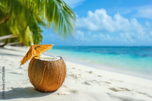 Tropical fresh coconut cocktail on a beach with white sand, blue ocean and clear sky in the background