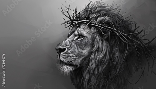 Lion of Judah - A lion with a crown of thorns, representing the strength and resilience of the lion, and the connection to the biblical story of King David. Generative AI photo
