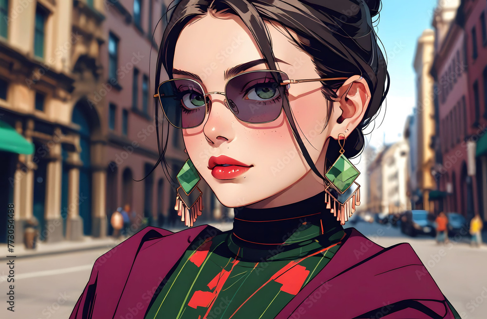 An anime girl stands against the background of the city. Sunglasses, modern fashionable clothes. An anime girl stands against the background of the city. Sunglasses, modern fashionable clothes.