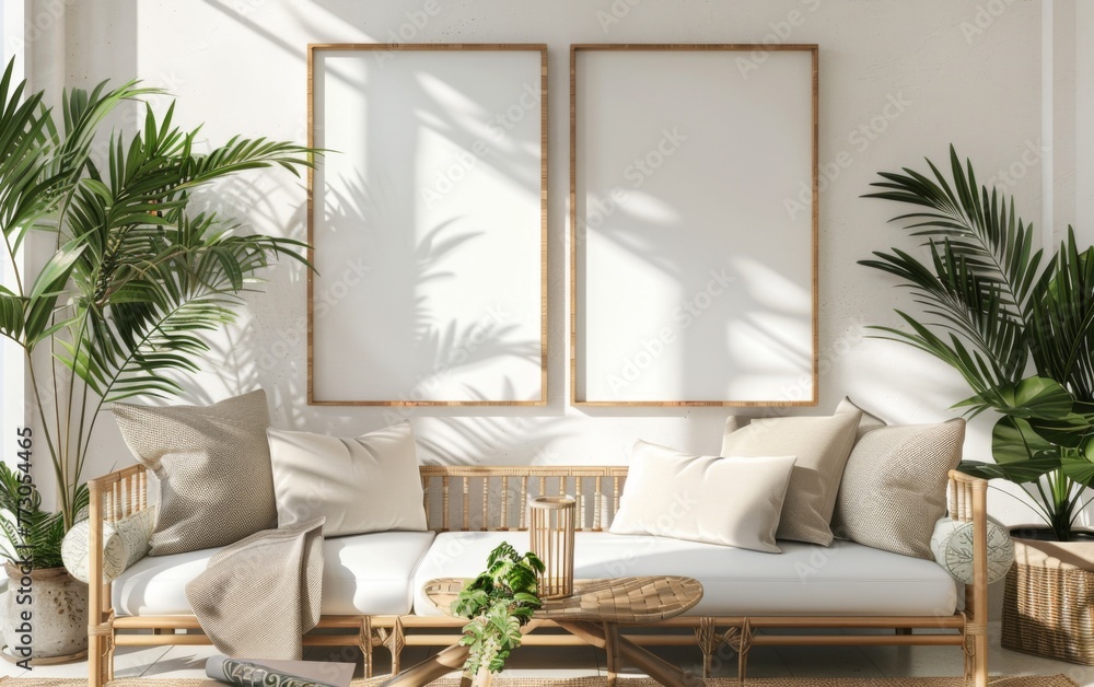 Fototapeta premium Mockup frame close up in coastal style home interior background, 3d render