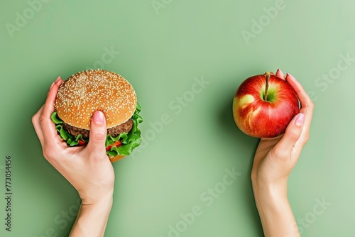 Healthy vs Unhealthy Food: Burger and Apple Held in Different Hands on Green Background Generative Ai