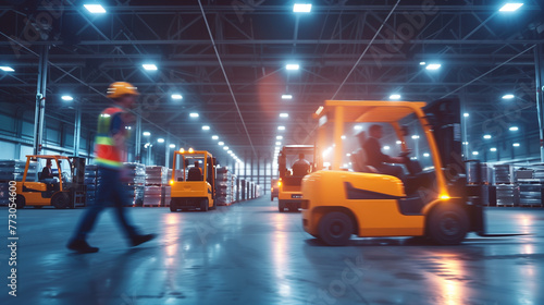 Bright Warehouse Environment: Forklifts, Pallets, and Worker in Motion