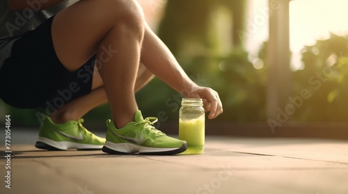 Fitness man tying running shoes and green smoothie breakfast. photo