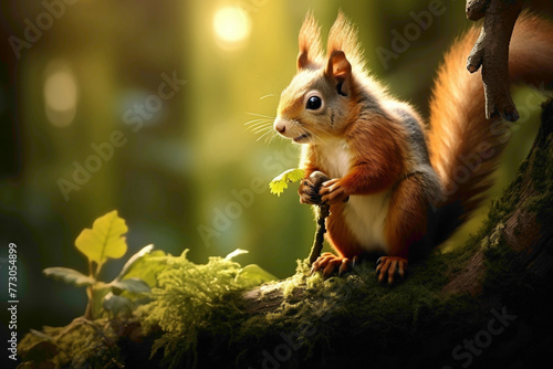A fluffy squirrel perched on a moss-covered branch, nibbling on an acorn with lush greenery in the background. Sunlight filters through the leaves, casting a warm glow on the adorable scene. © Animals