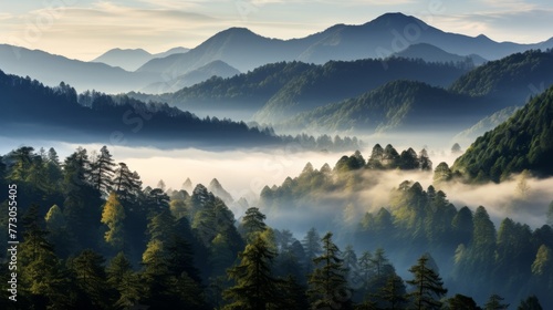 Mountain taiga, a wild place in Siberia. Coniferous forest, morning fog, panoramic view. © May