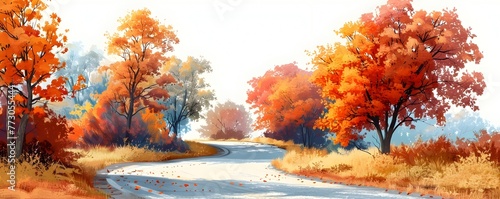 Autumn Tranquility on a Winding Country Road Flanked by Vibrant Foliage and Serene Atmosphere