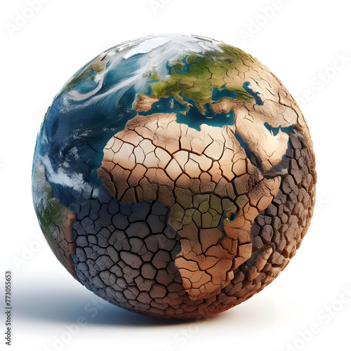 Earth climate change, dry soil, isolated on a white background, photorealistic, Earth Day