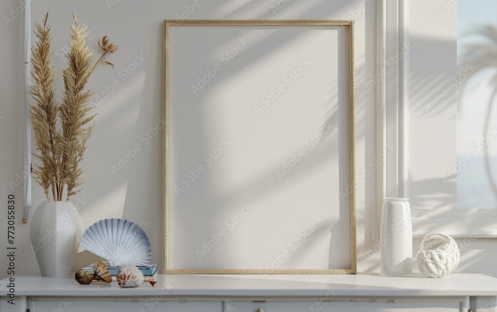 Obraz premium Mockup frame close up in coastal style home interior background, 3d render