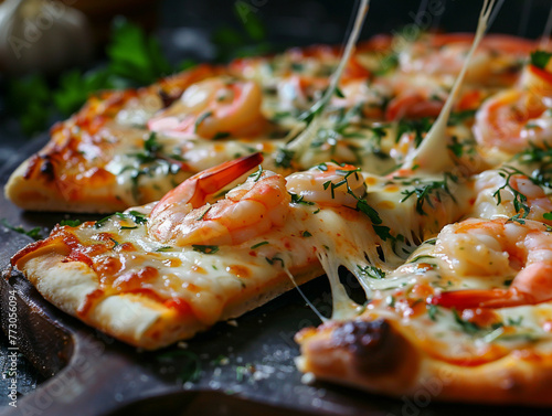 Pizza with seafood, shrimp and parmesan cheese. Pizza on a wooden board, aesthetic macro photo