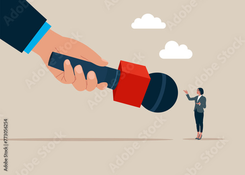Female politician talking with journalists or reporters. Speak in microphones at conference. Talks and financial Radio or Tv Program Broadcasting. Flat vector illustration