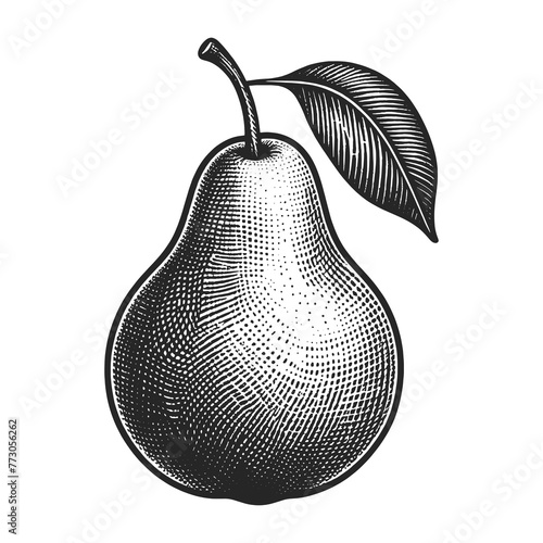 Pear with leaves fruit plant food sketch engraving generative ai raster illustration. Scratch board imitation. Black and white image.