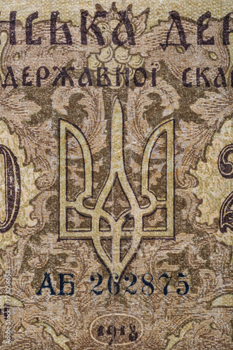 Vintage elements of old paper banknotes.Bonistics.Ukraine 250 hryvnia 1918.Fragment banknote for design purpose.