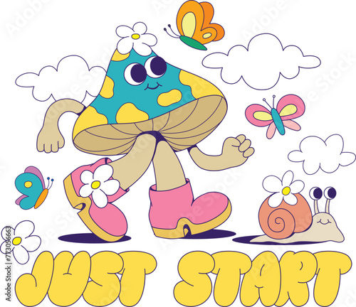 Retro groovy mushroom mascot character sublimation design