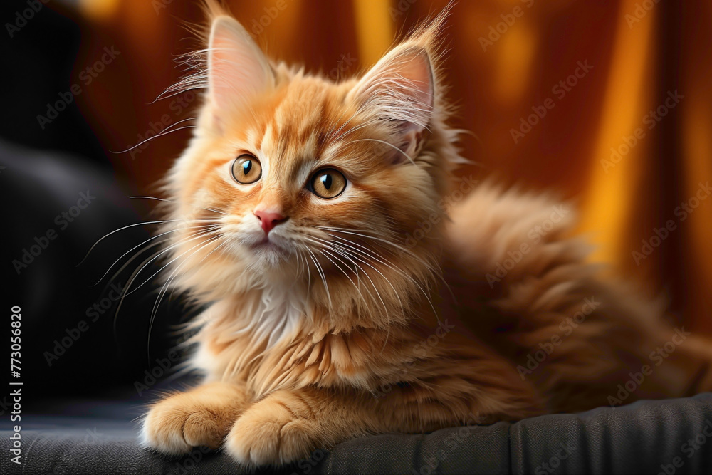 A fluffy orange kitten in a playful pose on a vibrant orange background.