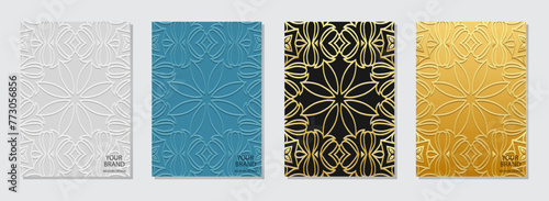 Set of covers, vertical templates. Floral collection of embossed, geometric backgrounds with ethnic 3D pattern. Doodling, handmade, boho. Vintage exoticism of the East, Asia, India, Mexico, Aztec