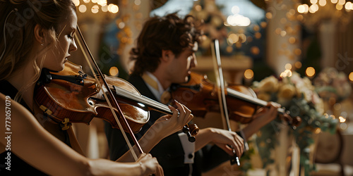 Musicians Playing Violins at Wedding Reception,Violinists Performing at Wedding Celebration
