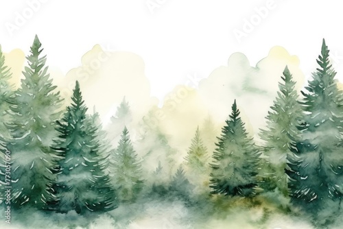 Abstract watercolor landscape. Shape of a spruce forest. Tall beautiful Christmas tree. Winter season. Gradient sky. Hand drawn watercolor illustration
