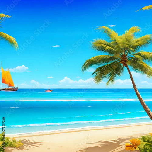 Illustration of a sandy beach with a palm tree and a view of the blue ocean with fishing boats. Azure blue sky with clouds.