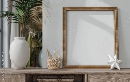 Mockup frame close up in coastal style home interior background, 3d render