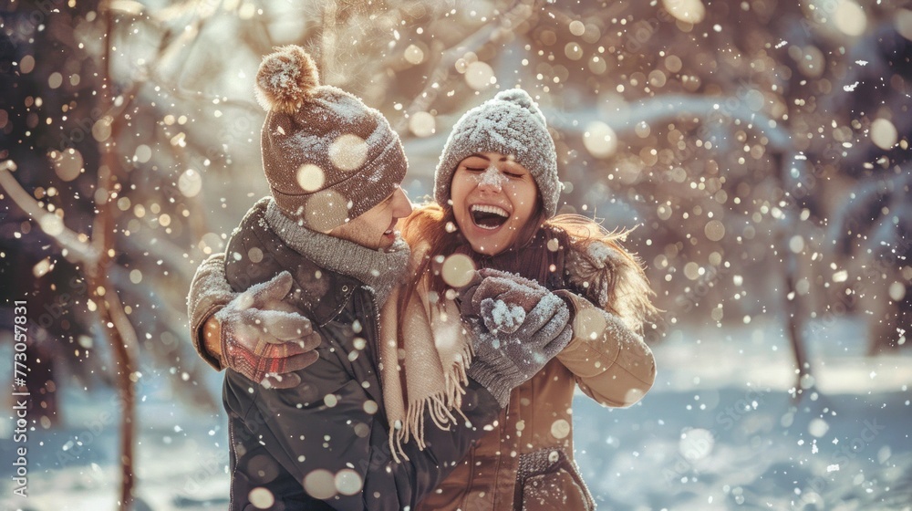 Happy young couple having fun outdoors in winterwear enjoying snowfall Happy young couple having fun outdoors in winterwear enjoying snowfall