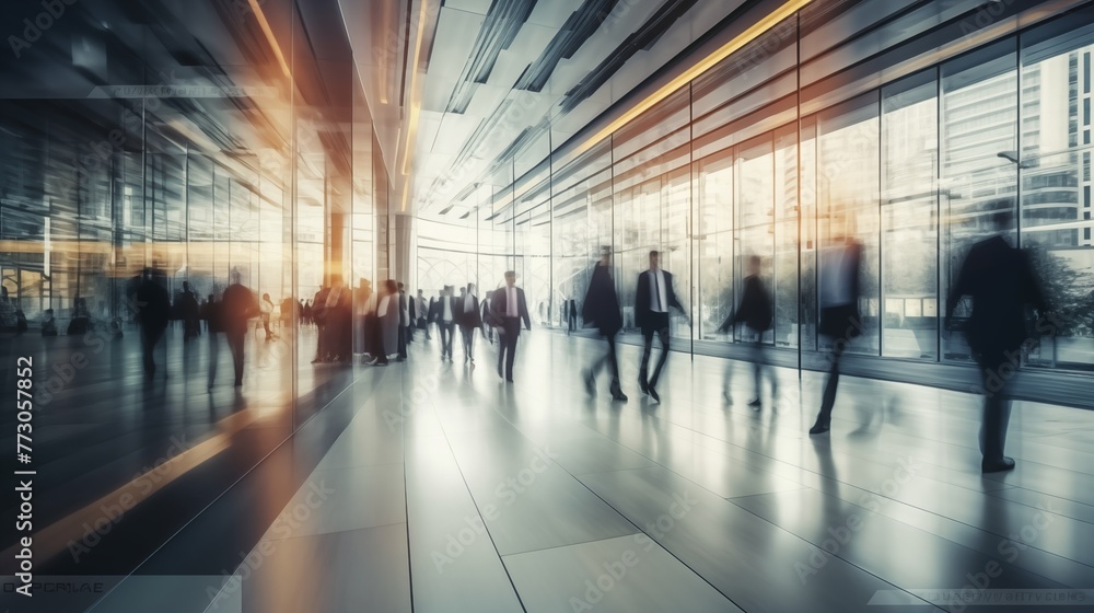 Dynamic Business Crowd: Long Exposure Shot in Bright Office Lobby, Fast-Moving with Blurry Motion. AI generated