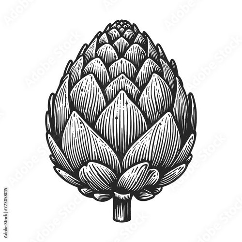 artichoke, rendered in a classic engraving style on a white background. Sketch engraving generative ai raster illustration. Scratch board imitation. Black and white image.
