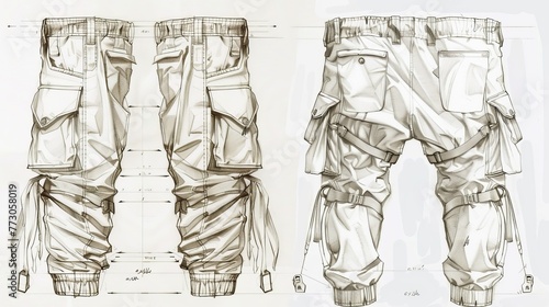 A technical drawing of men's cargo pants made from soft denim, showcasing the design's details