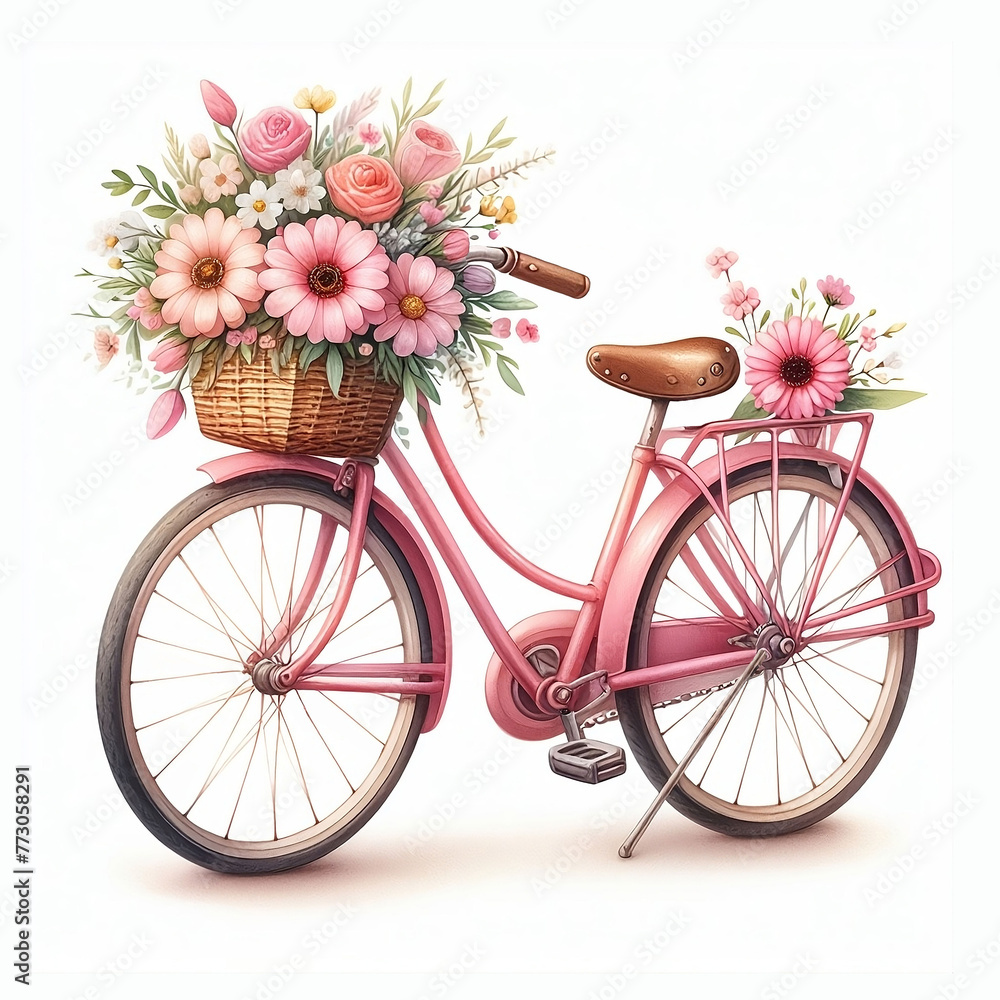 Watercolor illustration of rose retro bike with spring flowers in the basket. 