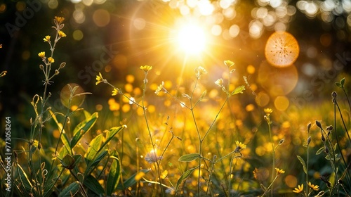 Sunset on the meadow with yellow wildflowers and sun rays