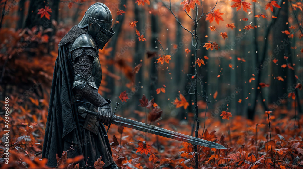 Fantasy image of medieval knight with sword in the autumn forest. foto ...