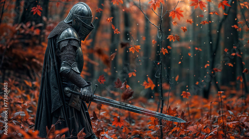 Fantasy image of medieval knight with sword in the autumn forest.