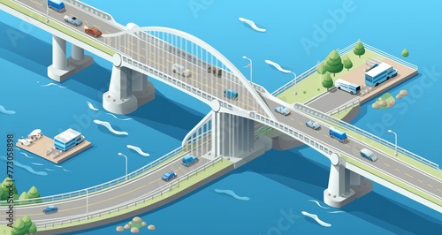 Bridge highway over river isometric view vector image.