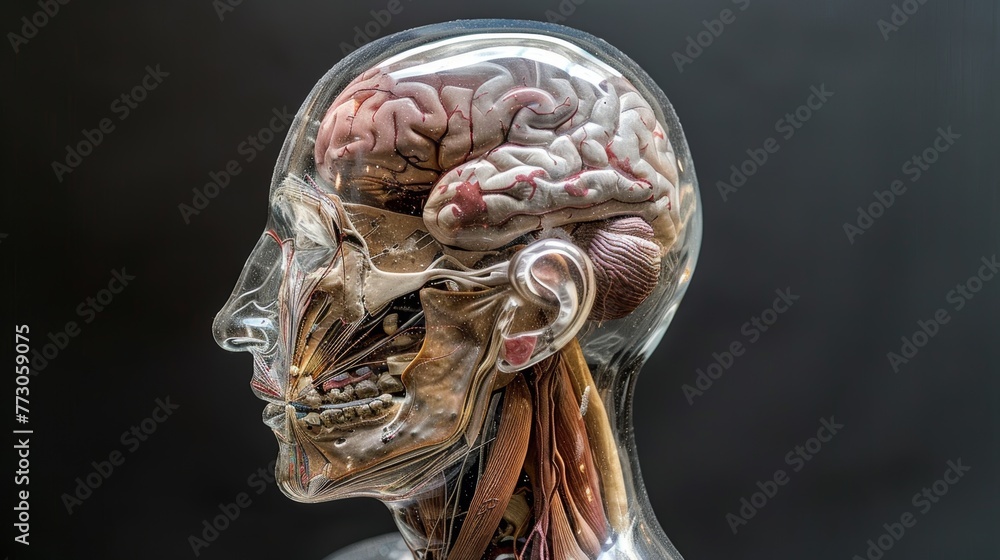 Human head model with brain and spinal cord, medical concept.