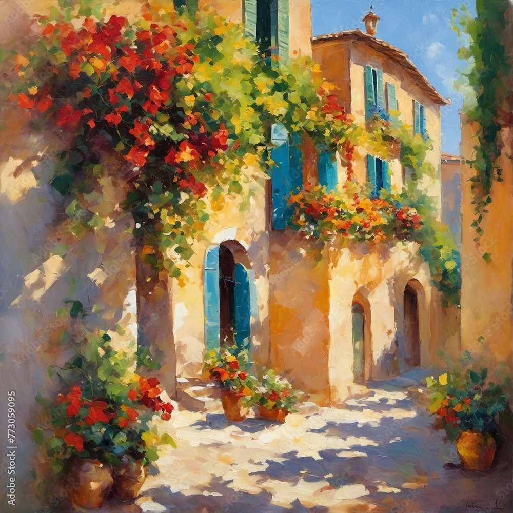 impressionism oil painting concept, summer day in Italy. Italian street with blooming flowers, city landscape. for card, sticker, interior, banner, flyer, poster