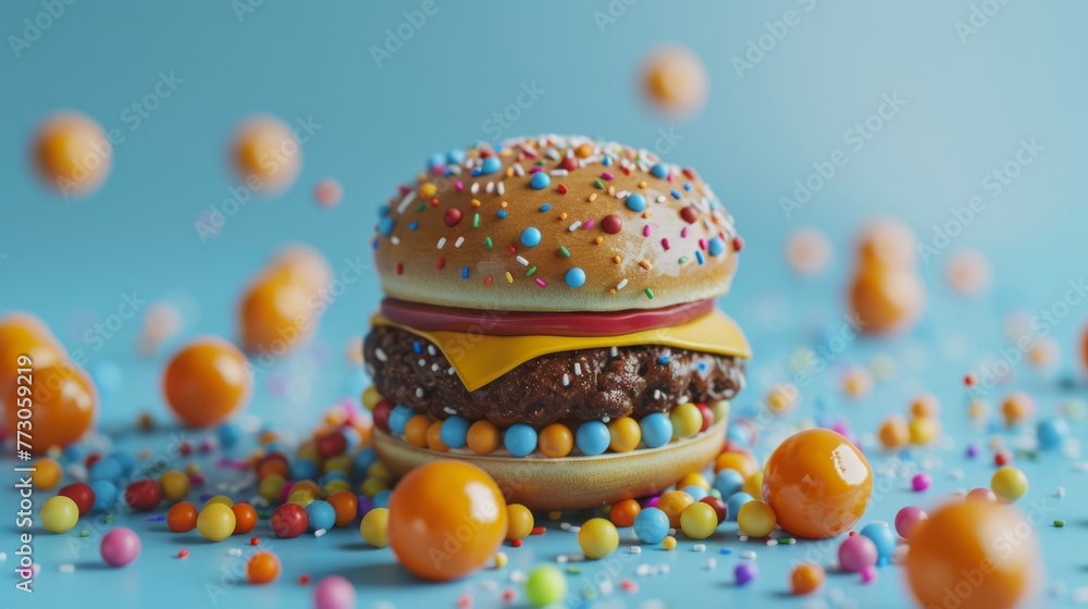 Hamburger with colorful candies and sprinkles on blue background Hamburger with colorful candies and sprinkles on blue background