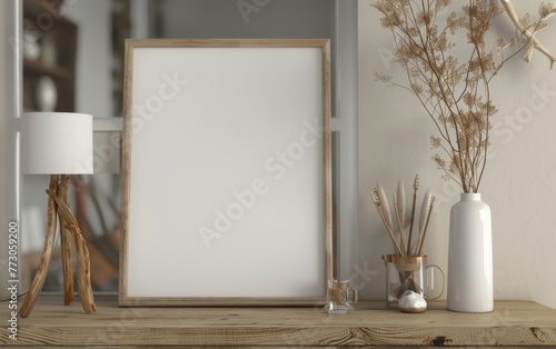 Mockup frame close up in coastal style home interior background, 3d render