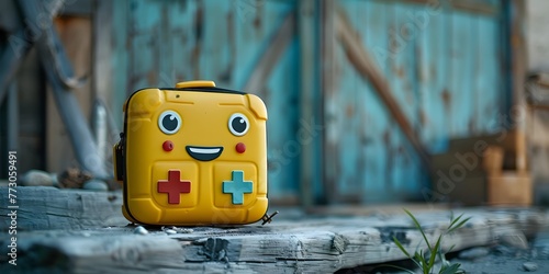 Cheerful First Aid Kit Character Prepared for Any Adventure with Copy space © Thares2020