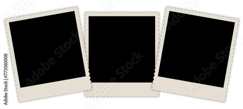 Three old ornate photo frame with shadows. Retro photos with carved edges. Vector polaroid collection.