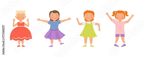 The concept is fun and vibrant moments of childhood. Happy kids cartoons collection isolated on white background. Boys and girls are playing together happily jump. Vector illustration