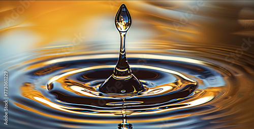 A droplet falls reflecting wave patterns on water, AI Generative.