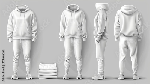 Vector templates of a white hooded sweatshirt paired with sports trousers, representing active sportswear