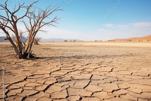 Lone Tree in Arid Landscape. Solitary dead tree standing on cracked, parched ground, symbolizing drought and environmental change.