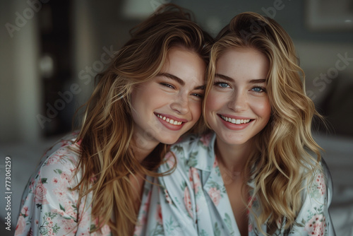 two beautiful lady wearing pyjamas smiling towards the camera