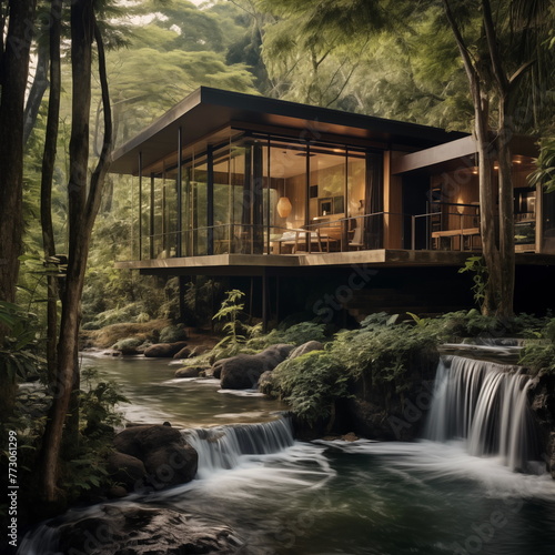 photo frontview an modern wooden house is nestled of a Riverside waterfall thailand  thailand modern wooden houses Resort style  build a house near a waterfall or river  canal